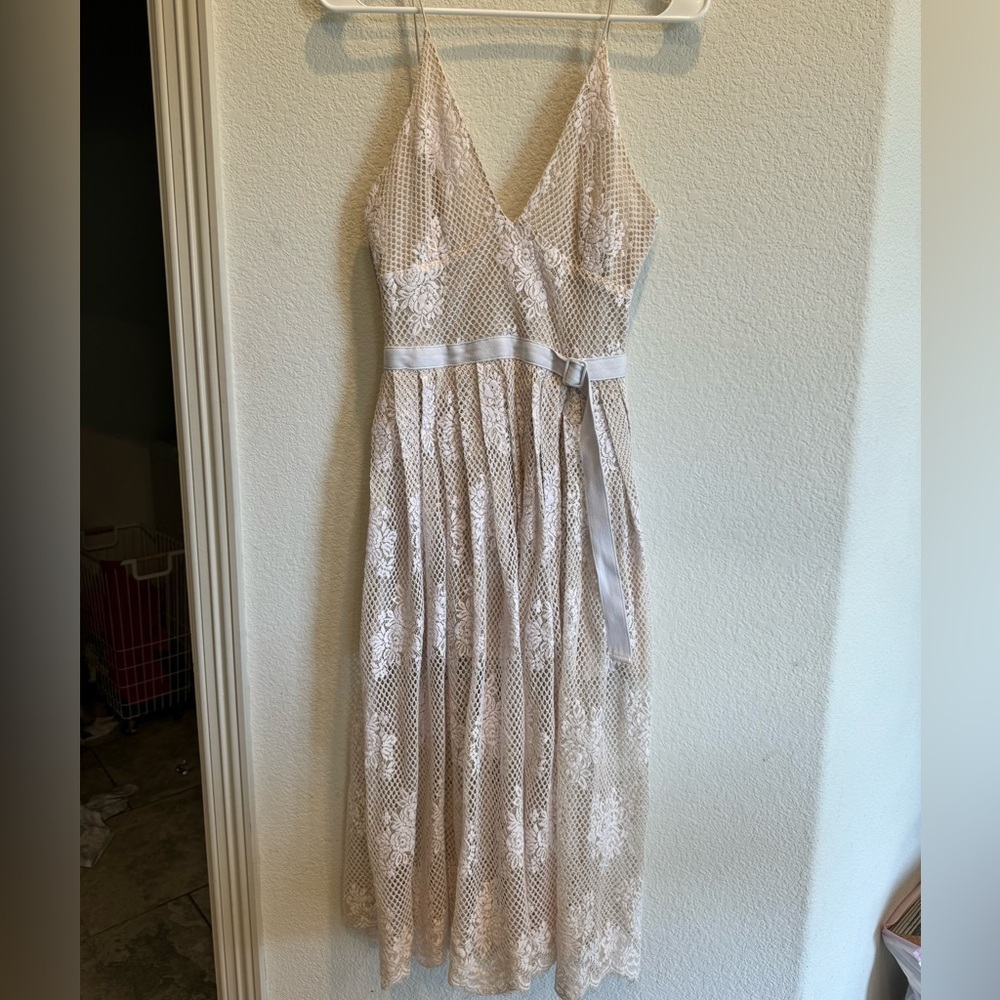 Free People Matchpoint Cream Sheer Lace Overlay Belted Midi Dress Size 4